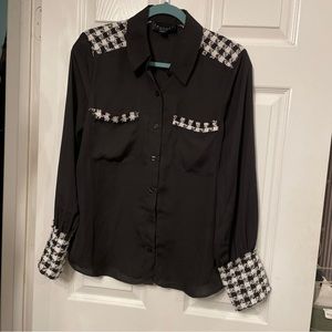 Laundry Shelli Segal Womens Top Medium Black Button Shirt Blouse Herringbone